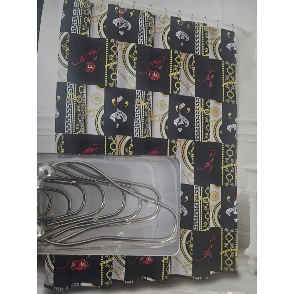 Ed Hardy 14 piece shower curtain set black gold love kills slowly NWT gold chain